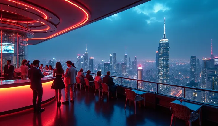 城市景观Rooftop Bar，霓虹灯roof，Rooftop Bar，可欣赏城市景观的roof酒吧夜景，Futuristic Background， Wide Film Scenery ，城市roof， City night view，roof，Night shot，roof，  Masterpiece ， high detail，High Definition Quality ，8k