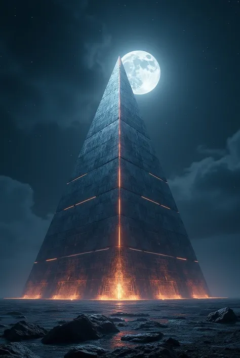  There is a metallic pyramid illuminated by the moonlight at night 。
The pyramid shines when illuminated by light 、 creates a fantastic, ultra-detailed atmosphere 。The pyramid opens

Being a very realistic photo
Express it in as much detail as possible
The...