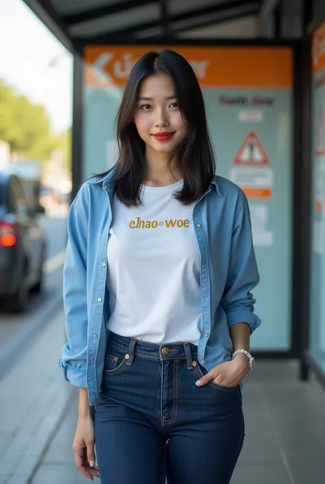 Photo of a Thai woman, , straight hair, center part, short hair, black hair, red lips, outfit: white t-shirt, collared shirt, short sleeves, folded sleeves, blue, on the shirt, the words "Mao Woe" written in gold, dark blue Levis pants, red sneakers, backg...