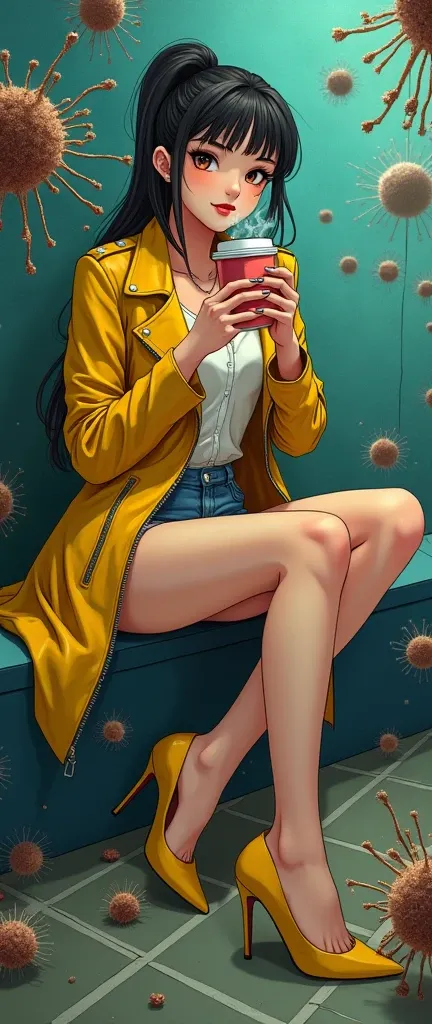  Woman in yellow leather jacket holding a cup of coffee, Fine Art Bacteria ,  anime girl drinks energy drink ,  Seena from League of Heroes , lovely  From Overwatch Brigitte ,  From Overwatch Brigitte , Softwriter and artgerm ,  Trend Artegram , Faye Wong ...