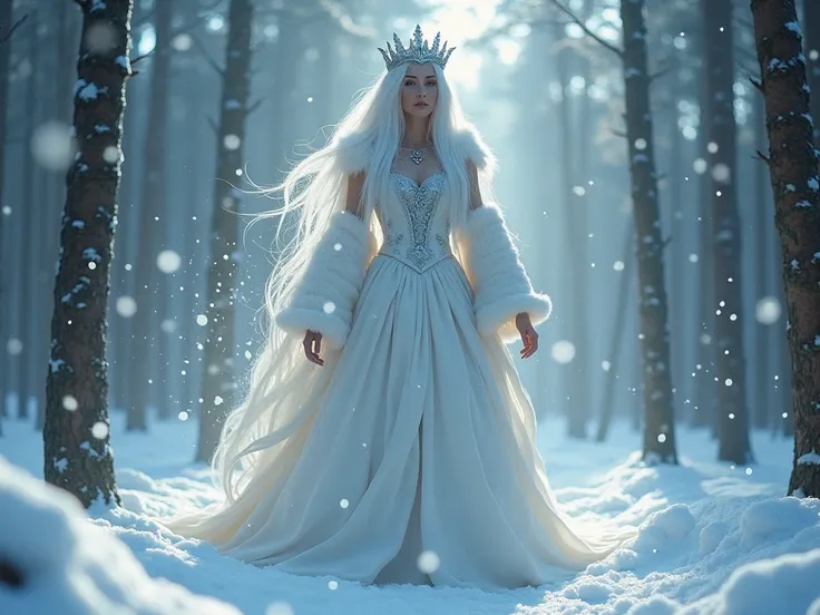  An anthropomorphic fairy-tale winter sorceress with long white hair ,  A giantess of great stature in a beautiful royal fairy-tale outfit walks through a fabulous snowy forest overlooking her,  forest knee-deep snow is falling to the sorceress,  snowflake...