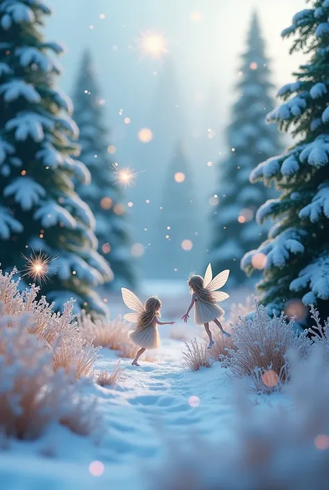  A snowy meadow is blue-blue-purple,  a fairy tale with green Christmas trees , with snowy branches ,  magical atmosphere, photography, White glitter, White sequins, Bubbles, sparklers , using subdued colors and soft lighting to create a nostalgic and drea...