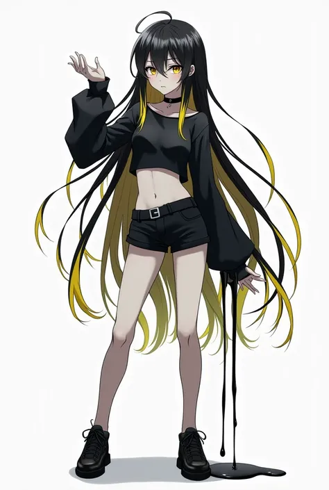  A young adult anime girl , gray skin,  black hair with yellow threads, croped black long sleeve , Black short,  black shoes , Black lizard syrup , Pose de Exibição