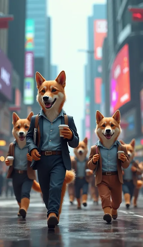 "A pack of anthropomorphic dogs wearing casual business attire, walking through a bustling urban tech district with holographic advertisements and neon signs. The dogs carry laptops and coffee cups, exuding an entrepreneurial vibe."
