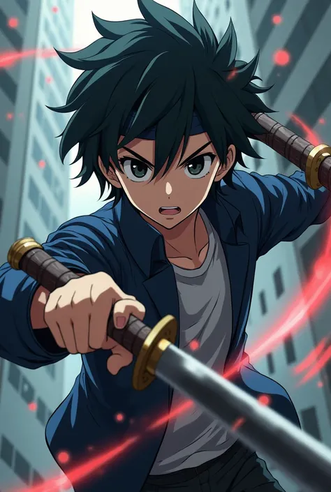 (Photoanime:1.2), Boy with little long style black hair with black eyes and wearing gekkoukan high school uniform and a handband "SEES" Grabbing a sword with a Evoker gun