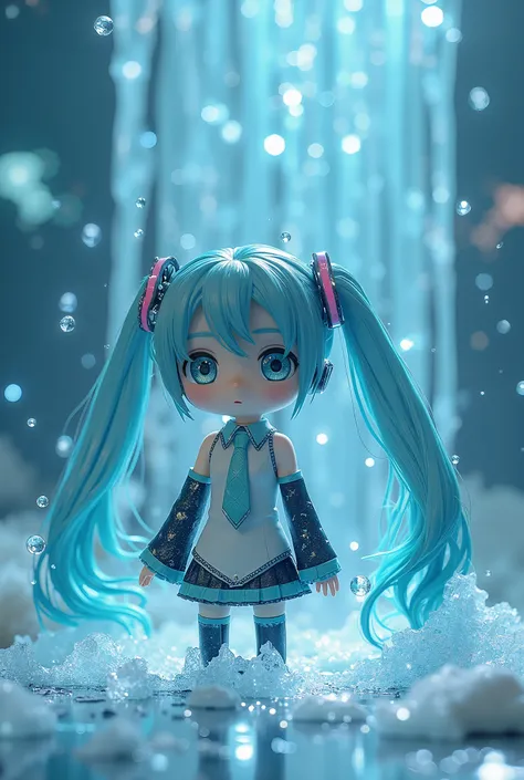 (masterpiece、 best quality、 best quality、 Official Art、 beautiful and beautiful :1.2)、( one girl:1.3) Hatsune Miku 、 twin tails, Beautiful breasts,Conceptual Installation Fantasy Art ,  A cute little animal type android cyborg is trapped in falling ice dro...