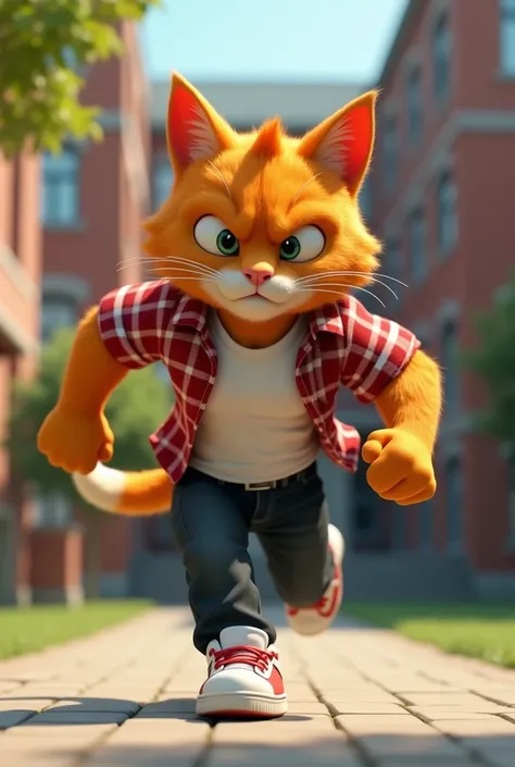 cinematic 3D style, HD image, realistic image ,colourful image.
Character,A muscular Johnny big Orange cat wearing white t-shirt and check red and white shirt open and Black jeans white and red sports shoes.
Action,Outside a college building a muscular ora...