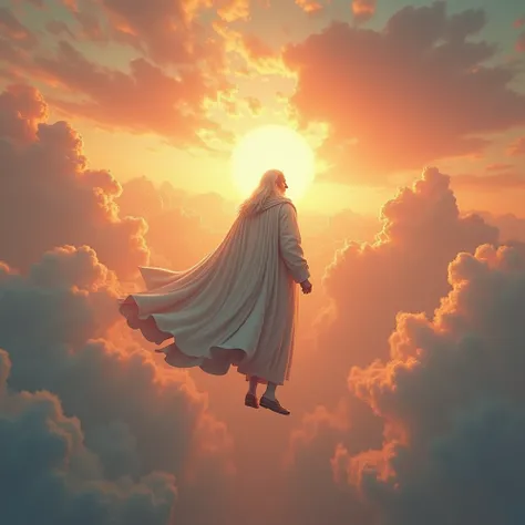 He slow falling to go sky , long white coat, white hair,the rising sun rise , Chareter Alan walker 