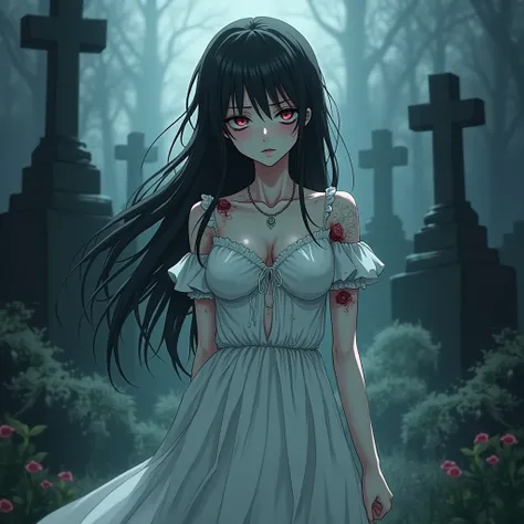 (( best quality )), ((masterpiece)),full body.A stunning anime-style beautiful girl inspired by the Half- zombie from "The Return of the Living Dead." She has pale skin and a hauntingly beautiful appearance, with faint traces of decay. Her eyes are hollow ...