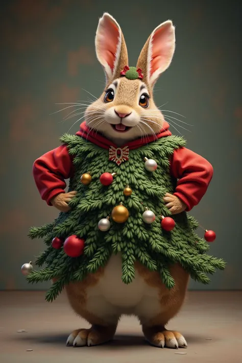 photorealistic portrait of Dressed animals - a ((fat)) (hare) performer,(Art by Jean Baptiste Monge:1.2),(Christmas theme),(cute),(happy smile:1.5), (elegant),(hands on hips:1.5), high quality,(lovely) ,(highly detailed Christmas tree costume:1.5),Christma...