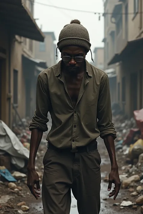 Poor skiny black man with glasses and a beenie and long sleeve shirt. Surrounded by trash