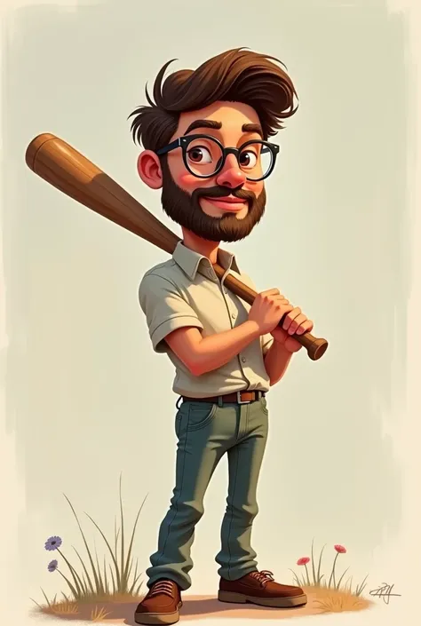  A cartoon drawing of a man with a beard and glasses holding a baseball bat, Cartoon digital painting ,  digital cartoon painting art ,  high quality portrait, Cartoon Digital Art,  realistic art ,   highly detailed character design , Hand drawn cartoon st...