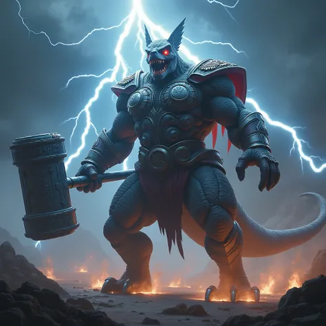 "Design a monstrous hybrid that seamlessly combines the features of Thor, the Norse god of thunder, and a dangerous dinosaur, like a T-Rex. The creature should have the towering body and legs of a dinosaur, with muscular arms like Thor’s, wielding a large ...