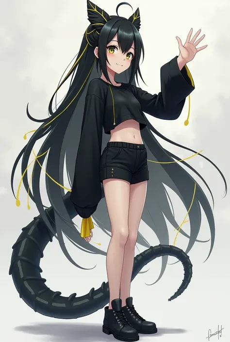  A young adult anime girl, gray skin,  black hair with yellow threads, croped black long sleeve , Black short,  black shoes , Black Lizards Tail , Pose de Exibição