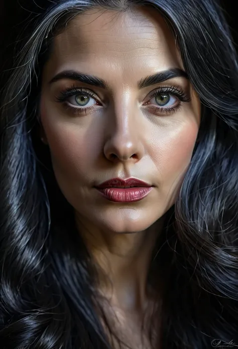 a woman in her 30s, long flowing dark grey hair, detailed face, beautiful detailed eyes, beautiful detailed lips, extremely detailed eyes and face, long eyelashes, oil painting, photorealistic, award winning portrait, dramatic lighting, cinematic, chiarosc...