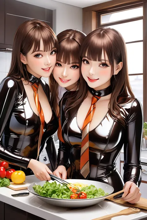 3 girls,  masterpiece, Lens reflection, Reflected light, Buttoned into extremely tight shiny latex blouse with striped pattern,  high resolution , Make-up,  seductive smile , Are in the apartment and while cooking,  brown hair , Bangs, kiss, Necktie 