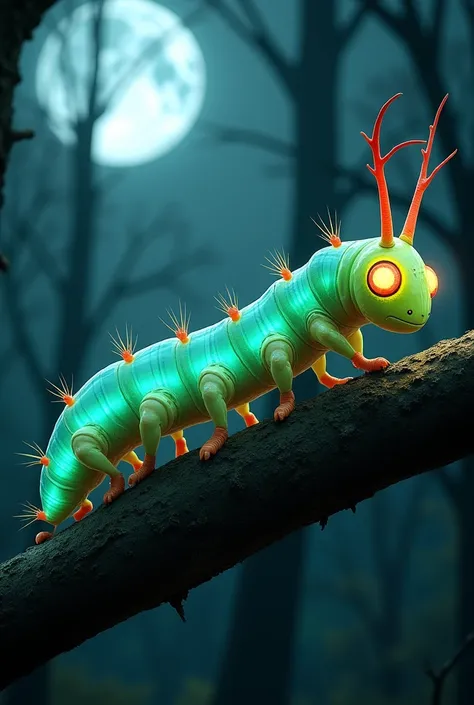 A long-bodied hybrid caterpillar that combines the characteristics of two different species. Its body was light green with shining electric blue stripes, and some parts of its body appeared transparent, revealing the internal structure of its body. This ca...