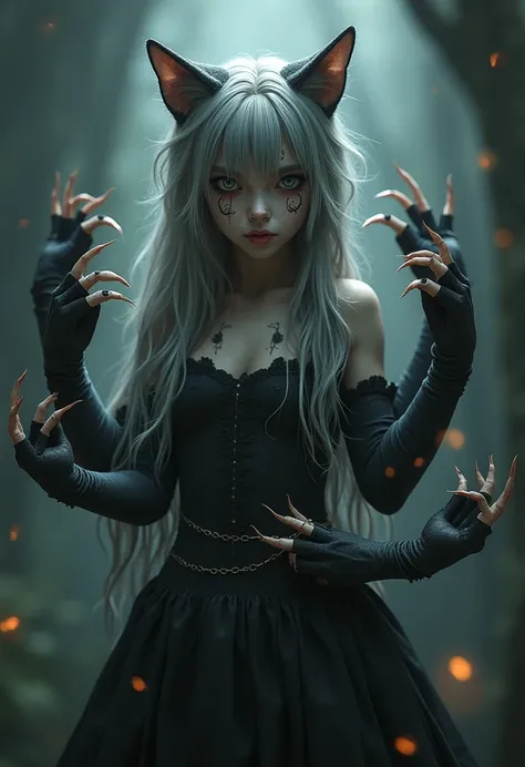 Cat witch girl with ashen hair and gray eyes with four arms