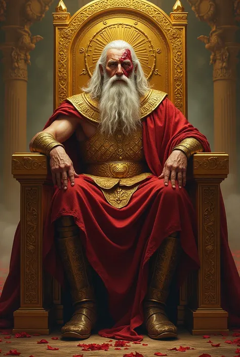 warrior king, old, with half of my face burned ,  sitting on a golden throne with symbols of the Sun