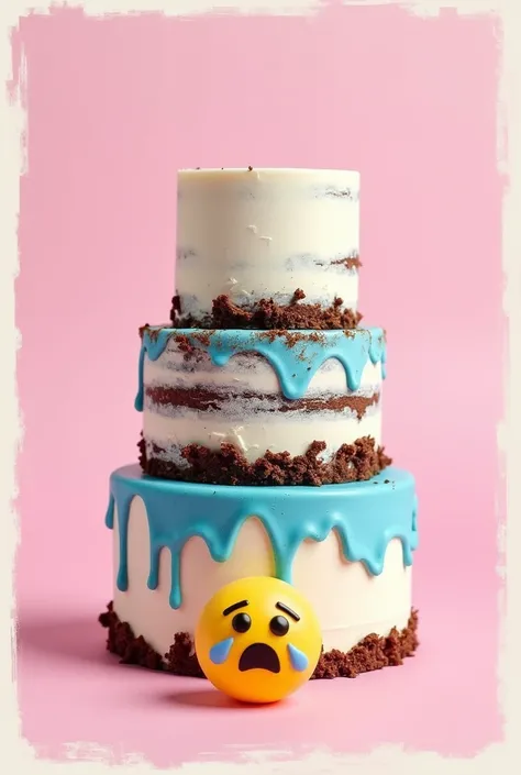 To recreate the second part of this image with the same position and background, here is the detailed prompt:

"A three-tiered, damaged cake with a rough and uneven texture, featuring smudged blue and white frosting, exposed chocolate layers, and crumbled ...