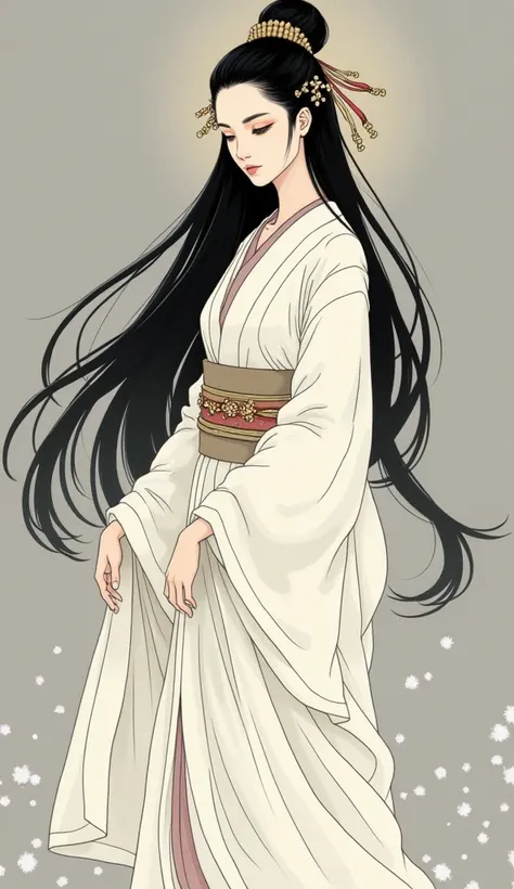 Japanese painting。 Katsushika Hokusai style。Very beautiful goddess。whole body。Ancient Japanese Goddess。 very long black hair。Narrow eyes。 pure white kimono。silver-colored plain background。Powder Snow