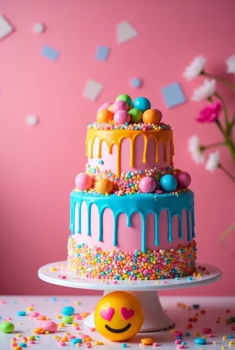 To recreate the third part of this image with the same position and background, here is the detailed prompt:

"A colorful, multi-tiered cake with vibrant dripping frosting in shades of blue, pink, and orange, positioned on the right side of a horizontal la...