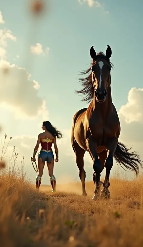 In the open field, a horse is galloping freely, its mane flying in the wind, while in the distance, Wonder Woman is standing tall, wielding her lasso and shield, preparing to face a challenge. Their paths cross as they both champion justice in their own un...