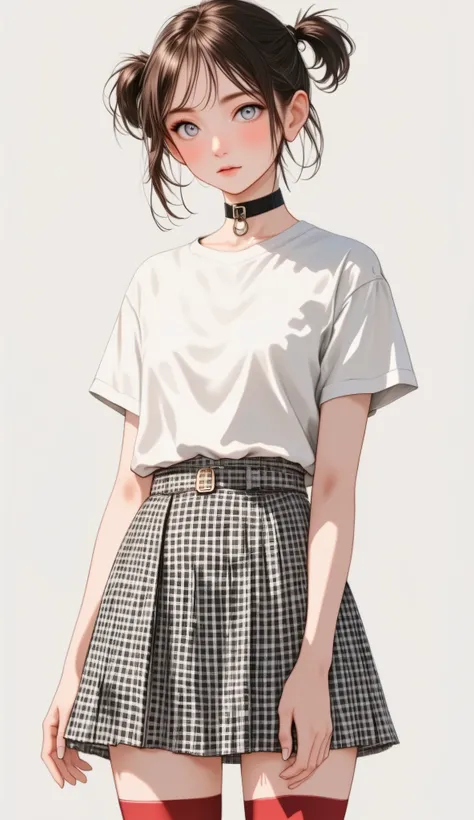 High image quality 、masterpiece、Realistic、 perfect anatomy , Teenage Girl ,cute女の子、超cute、Wheres the hair 、Very short,、zoom、cute、 Grey Eyes 、、 twin tails、Glasses、 white t-shirt、( gingham check culotte skirt:1.37), red stockings、 red gart...