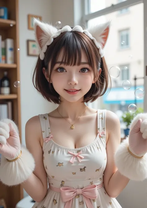 Anthropomorphic cute female cat、 my whole body is showing 、The cat is wearing a dress with a cat pattern 、 the cat poses with big fluffy gloves、In a bright room、Lots of soap bubbles in the background