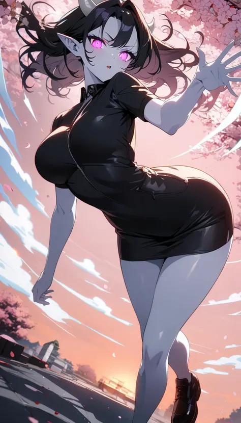 1girl, demon girl, large breasts, short black hair, purple eyes, (hips),(Pose showing buttocks to viewers), ((porcelain white skin)), cherry blossoms background, (top quality, masterpiece, high resolution, detailed), anime style, black eyeliner, (glowing e...