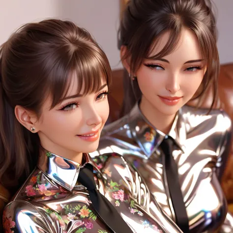  Mom and daughter ,  masterpiece, Lens reflection, Reflected light, Buttoned in extremely tight shiny latex blouse with floral pattern,  high resolution , Make-up,  seductive smile , Are in the apartment and sitting on the couch ,  brown hair , Bangs, port...