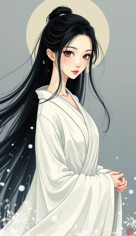 Japanese painting。 Katsushika Hokusai style。Very beautiful goddess。whole body。Ancient Japanese Goddess。 very long black hair。Narrow eyes。 pure white kimono。silver-colored plain background。Snowstorm