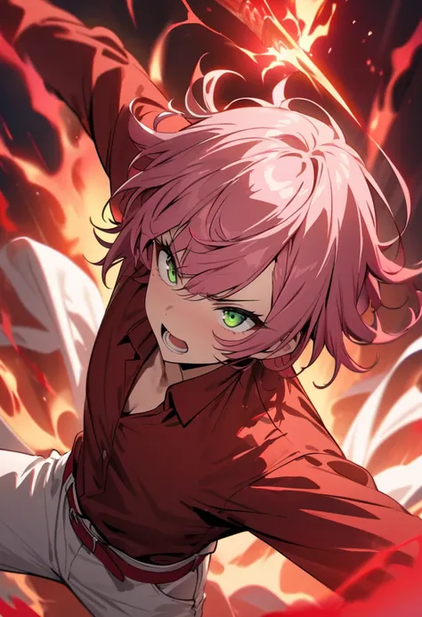 High Quality, Masterpiece, 1man, pink hair, green eyes, dark red shirt, white pants, dark red belt, holding a knife, Surrounded by a glowing red aura, emanating energy, Dynamic pose, radiating intensity and aggression