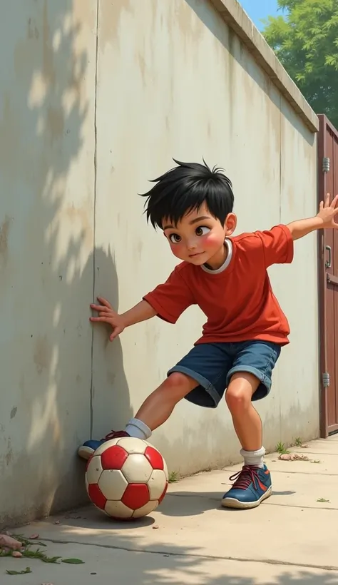  A young boy kicks a football against a wall