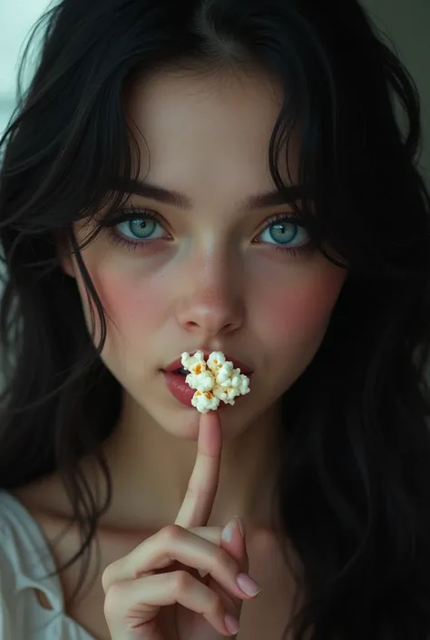 a young woman is holding her finger to her lips,  one with one hand asking for silence with the other showing popcorn between her fingers,  Looking at the viewer, blue eyes,  long black hair, Solo Focus, blurry, lips, eyelashes,  blurry background, close-u...