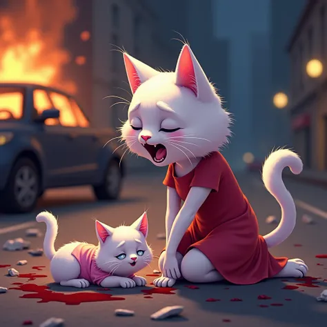 A distraught white cat mother, in a vibrant crimson dress, is kneeling beside a smaller, injured white kitten, lying on a street.  The mother cat is centered in the mid-ground, positioned slightly closer to the viewer, looking down at her injured  with a h...