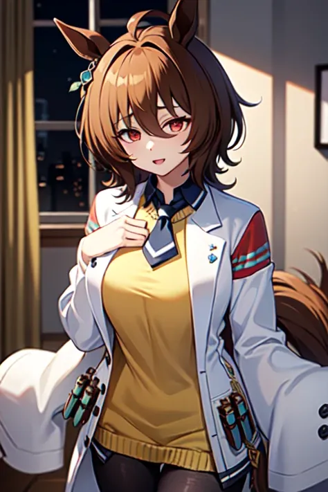  Agnes Tachion、Horse Girl、 girl、一人の girl、Horse ears、Horse tail、 earring on one side 、Red eyes、 short hair、 brown hair、（White:1.2)、(bigger sleeve than wrist :1.2)、 yellow big sweater 、 ties、 black pantyhose、Stray hair、best qualty,