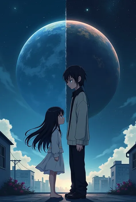 (Photoanime:1.2), a poster there was a boy with little long dark black hair until like covering his right eye and blue black eyes and wearing black shirt and white sweater and long black pants with sad expression and a girl with long black hair and blue ey...