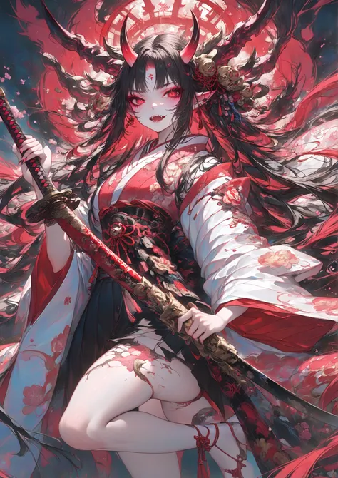  Masterpiece, High Quality, High Resolution, 16k, Animated, Detailed Background, Hyperrealistic, Digital Paint, Dark Fantasy, Oni Girl, Glossy pink long hair, Oni horns, Oni fangs, Red eyes, Long ears, Long eyelashes, Clean skin, Clean legs, Kimono, Realis...