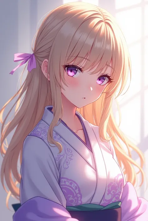 Women with long blonde wavy hair with blonde eyelashes light purple eyes wearing a white and purple kimono anime