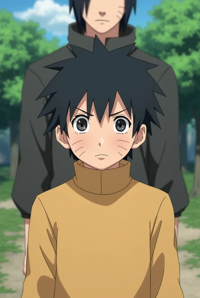 Light yellow turtleneck sweater, young boy, black hair anime naruto  stands in front of Iruka sensei from Naruto, top view, naruto anime style, outside, summer