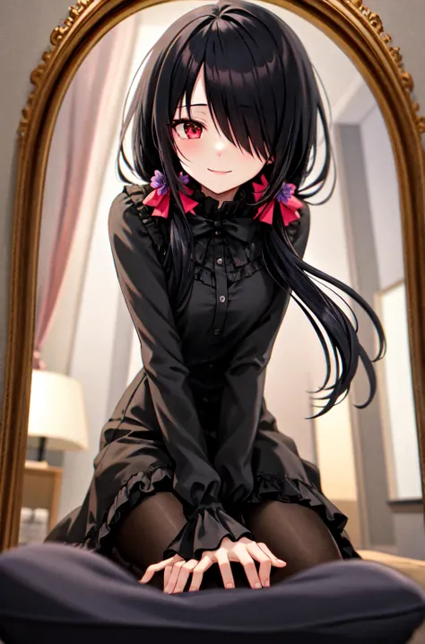 1girl, solo, kneeling, seiza, cckurumi, long hair, low twintails, hair flower, hair over one eye, hair bow, gothic, black dress, ribbon, pantyhose, slippers, sitting, smile, looking at viewer, leaning forward, indoors, living room, television, window, plan...