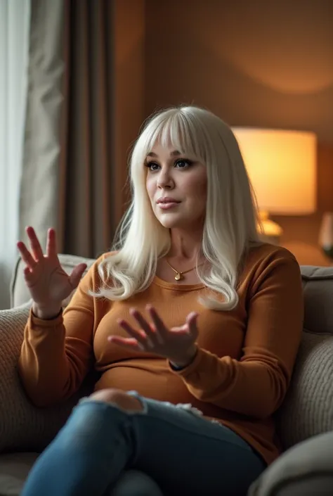 A woman 35 ANOS, CURVILINE DE CORPO, 1,60 E 70 KGwith long straight white hair with bangs,wearing casual clothes sitting on the couch at home and with her hand as if she were talking