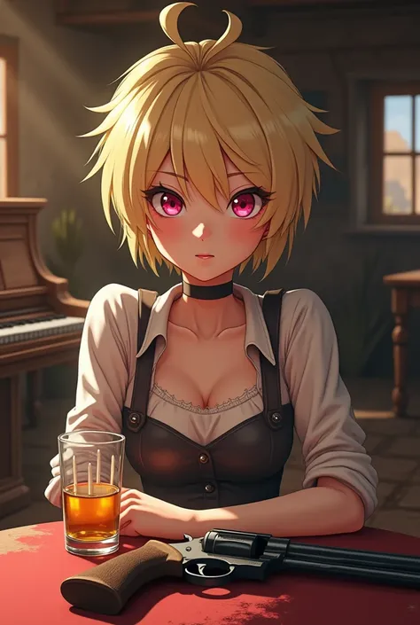 Short Haired Female Cowboy Anime in a Saloon in Old Westemessy hair, ultra detailed face,blonde,sitting, pink eyes ,Mesa Wisky,piano,6-bullet revolver ,BARREL,Mesa, ,dust,,3d,4K,detailed, anime concept, lovely smile, ultra detailed concept, dangerous look,...