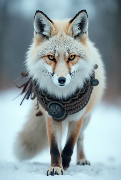  A full body photo,Bottom view of a fox with white fur  , she has big muscles and is like a great Norse warrior , she is walking on the snow wearing Viking clothes and hairstyles , she is very serious and with a frightening posture  .