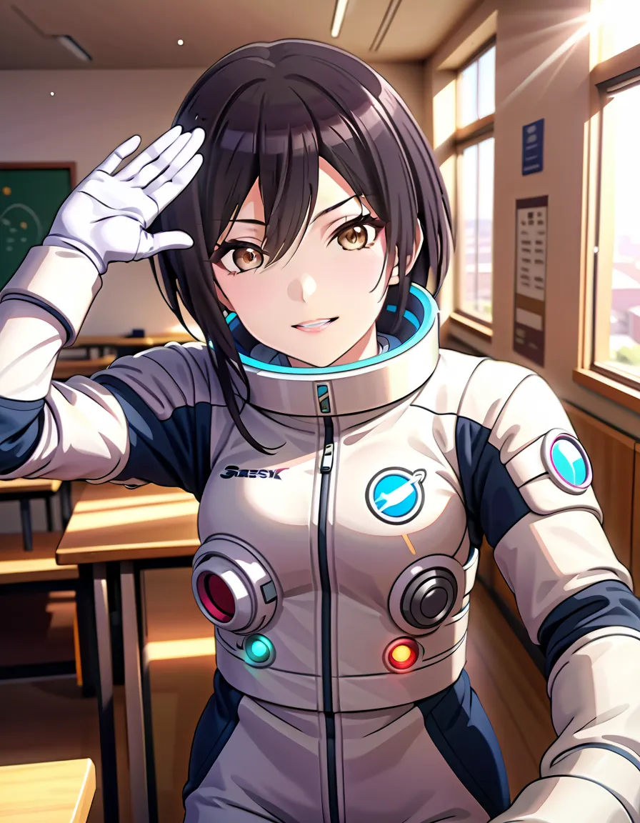 (spacesuit:1.15), white cargo pants, astronaut)bubble helmet, space helmet, white gloves , , looking close at you, classroom, su...