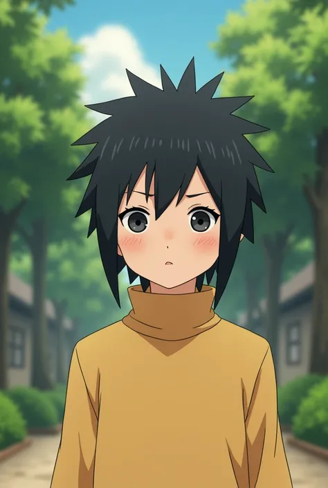 Light yellow turtleneck sweater, young boy, black hair anime naruto  stands in front of Iruka sensei from Naruto, camera 3nd person view of young boy, naruto anime style, outside, summer