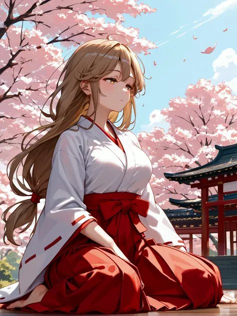 score_9, score_8_up, score_7_up,source_anime, 1girl, solo, light brown hair low-tied long hair, (tareme), golden yellow eyes, half-closed eyes, voluptuous, BREAK, outdoor stage, sitting, cool face, (japanese nontraditional miko, red hakama), wind, floating...