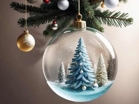 a transparent glass ball hangs on a christmas tree on a silver thread, inside the ball, a christmas tree