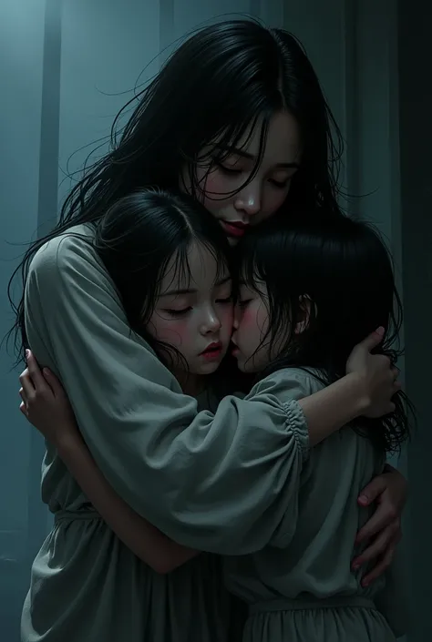 a mother hugging her  covered in darkness,1girl,1boy,dramatic,japanese comic style,dark fantasy,moody lighting,cinematic,chiaroscuro,dramatic shadows,detailed facial features,intricate clothing folds,high contrast,muted color palette,expressive poses